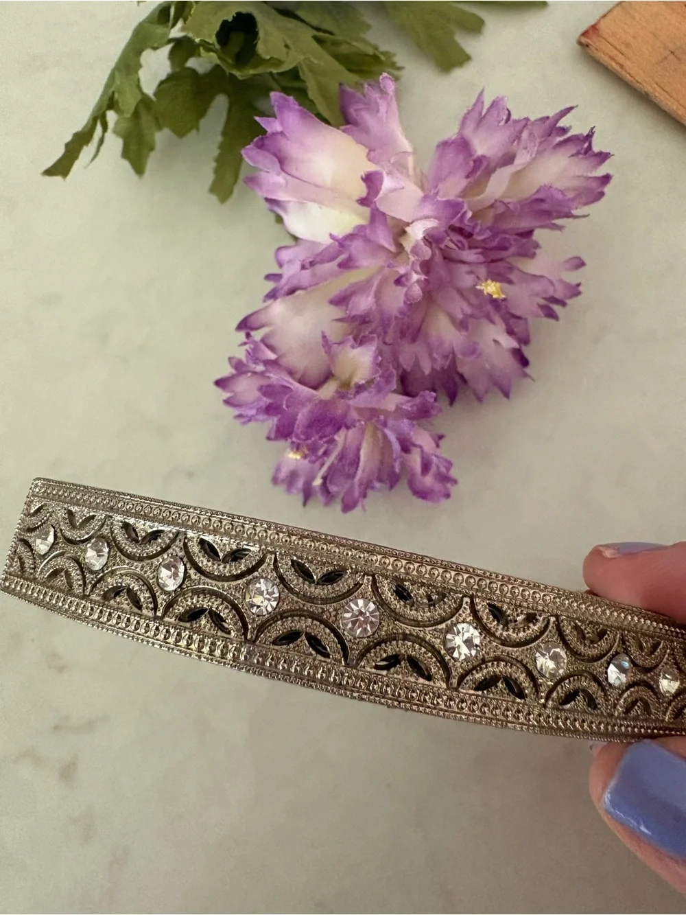 Vintage Style Silver Filigree Rhinestone French Barrette Hair Clip
